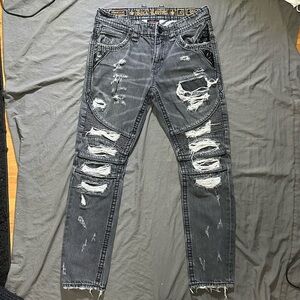 Rock Revival Biker Collector’s Edition Charcoal Distressed Skinny Jeans